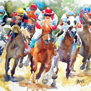 Final Turn Horse Racing Art Print of Original Watercolor Painting 8x10 image 1