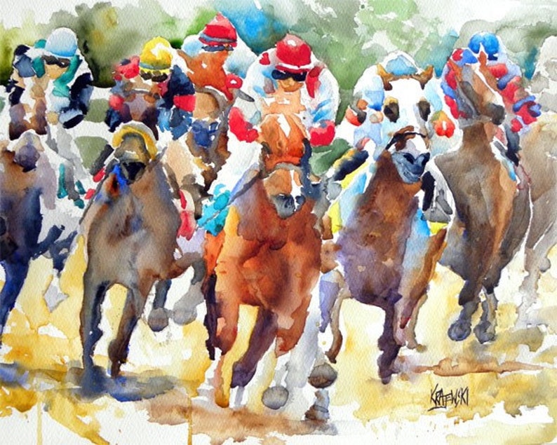 Final Turn Horse Racing Art Print of Original Watercolor Painting 8x10 image 1