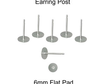 Stainless Steel (316L) Earring Posts, 100 (50 Pairs), 6 mm Glue on Flat Pad - SEE COUPON