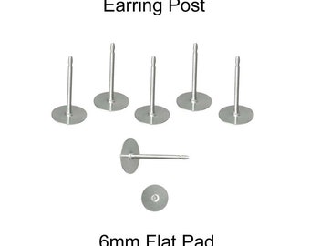 Stainless Steel (316L) Earring Posts, 12 (6 Pairs), 6 mm Flat Glue Pad - SEE COUPON