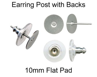 Earring Posts / Plastic Backs, 24 (12 Pairs), 10 mm Flat Pad, Stainless Steel - SEE COUPON