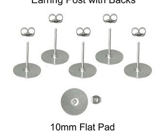 Earring Posts / Backs, 24 (12 Pairs), 10 mm Flat Pad, 316L Stainless Steel - SEE COUPON