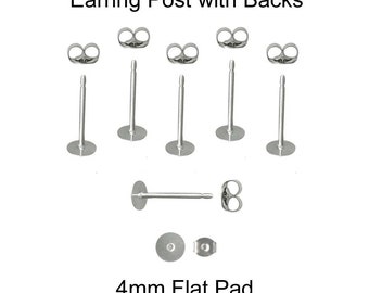 Earring Posts, Ear Nut Backs, 48 (24 Pairs), 4 mm Glueable Flat Pad, 316L Stainless Steel - SEE COUPON