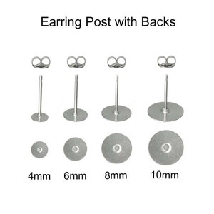 Titanium Earring Post Finding w 8mm Stainless Steel Flat Pad - 11mm Post  (100 pcs)