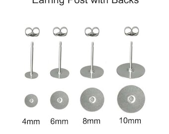 Hypoallergenic Surgical 316L Stainless Steel Earring Posts, Butterfly Backs, 4mm, 6mm, 8mm, 10mm - SEE COUPON