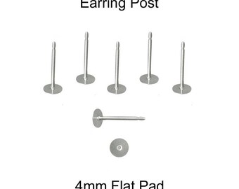 Stainless Steel (316L) Earring Posts, 100 (50 Pairs), 4 mm Glue on Flat Pad - SEE COUPON