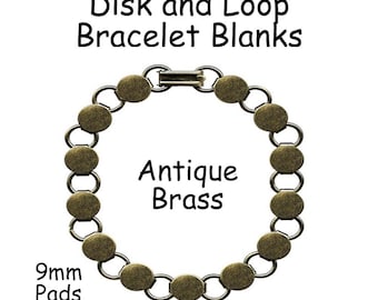 Disk / Loop Bracelet Blank - Antique Brass - 8 Inch with 9mm Glueable Pads - SEE COUPON