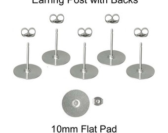 Earring Posts, Butterfly Backs, 200 (100 Pairs), 10 mm Pad, 316L Stainless Steel - SEE COUPON