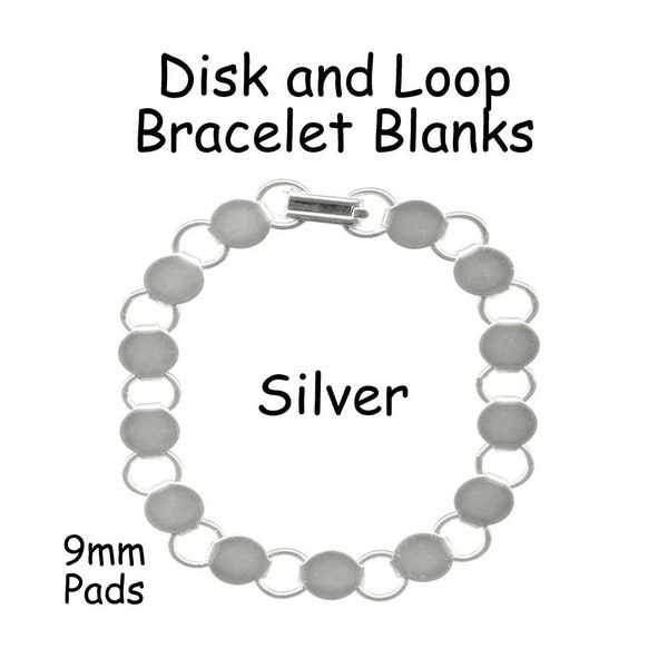 10 Silver Disk and Loop Bracelet Form Blank 8 Inch with 9mm Glueable Pads - SEE COUPON