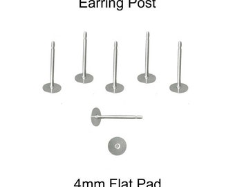 Stainless Steel (316L) Earring Posts, 12 (6 Pairs), 4 mm Flat Glue Pad - SEE COUPON