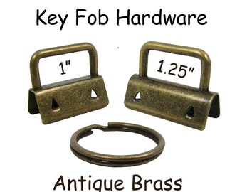 10 Key Fob Hardware with Key Rings Sets - 1 Inch or 1.25 Inch Antique Brass - Plus Instructions - SEE COUPON