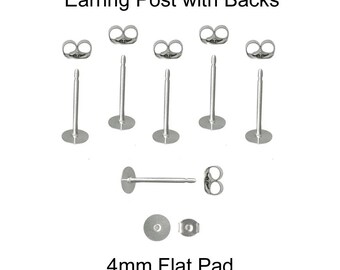 Earring Posts, Butterfly Backs, 200 (100 Pairs), 4 mm Pad, 316L Stainless Steel - SEE COUPON