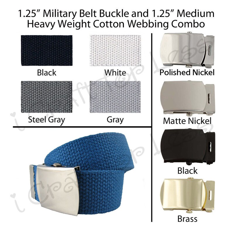 6 Finishes and 12 Sizes Pick from 43 Colors 2-1.25 Canvas Military Web Belt