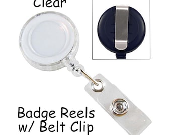 50 ID Badge Clip / Holder / Reels with Belt Clip and Plastic Strap - Clear - SEE COUPON