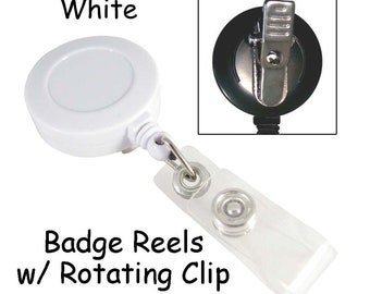 50 ID Badge Clip / Holder / Carretes con clip giratorio y correa de plástico - Blanco - VER CUPÓN