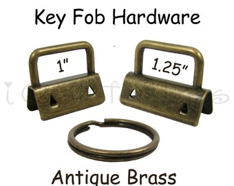 25 Key Fob Hardware with Key Rings Sets - 1 Inch or 1.25 Inch Antique Brass - Plus Instructions - SEE COUPON