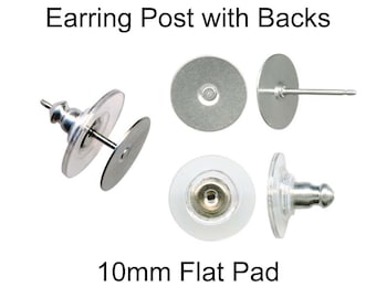 Earring Posts, Ear Nut Stoppers, 48 (24 Pairs), 10 mm Glueable Flat Pad, Stainless Steel - SEE COUPON