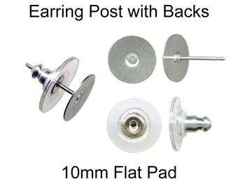Stainless Steel Earring Posts, Comfort Clutch Backs, 12 (6 Pairs), 10 mm Flat Glue Pad - SEE COUPON