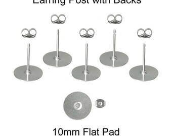 Stainless Steel (316L) Earring Posts / Backs, 100 (50 Pairs), 10 mm Glue on Flat Pad - SEE COUPON