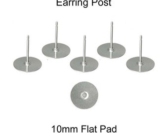 Stainless Steel (316L) Earring Posts, 100 (50 Pairs), 10 mm Glue on Flat Pad - SEE COUPON