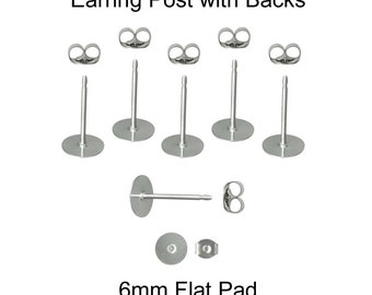 Earring Posts / Backs, 24 (12 Pairs), 6 mm Flat Pad, 316L Stainless Steel - SEE COUPON