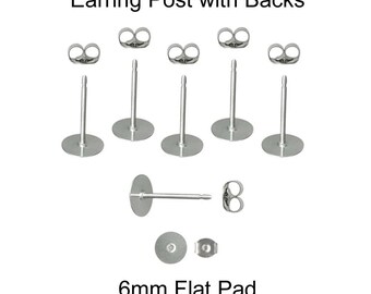 Earring Posts, Butterfly Backs, 200 (100 Pairs), 6 mm Pad, 316L Stainless Steel - SEE COUPON