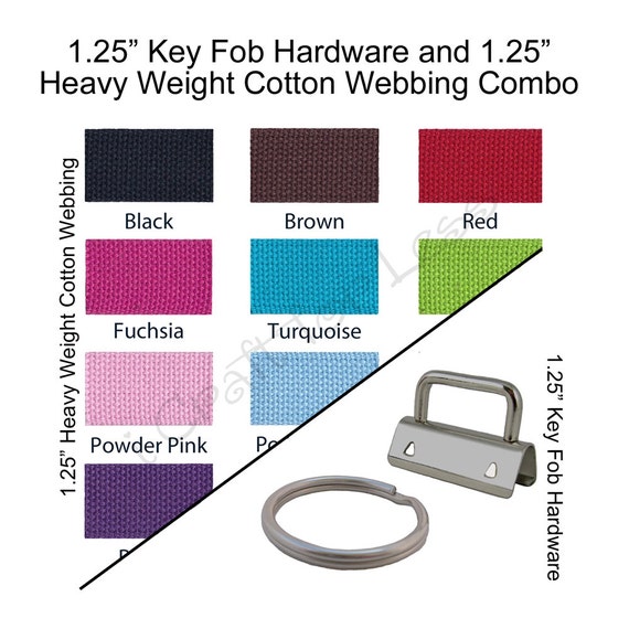 10 Key Fob Hardware and 5 Yards Medium Heavy Weight Cotton Webbing 1.25/" Combo