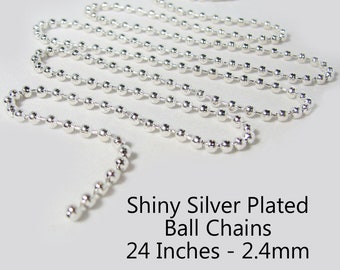 25 Shiny Silver Color Ball Chain Necklaces - 24 inch - 2.4mm -  Perfect for Cover Button, Scrabble, Glass Tile, Bottle Caps - SEE COUPON