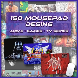 以下が含まれることがあります： 人気アニメ、ビデオゲーム、テレビシリーズのキャラクターをフィーチャーした、150種類の異なるマウスパッドのデザインのコラージュ。デザインには、ソニック・ザ・ヘッジホッグ、ダース・ベイダー、アニメシリーズ「スパイファミリー」のキャラクターなどが含まれています。