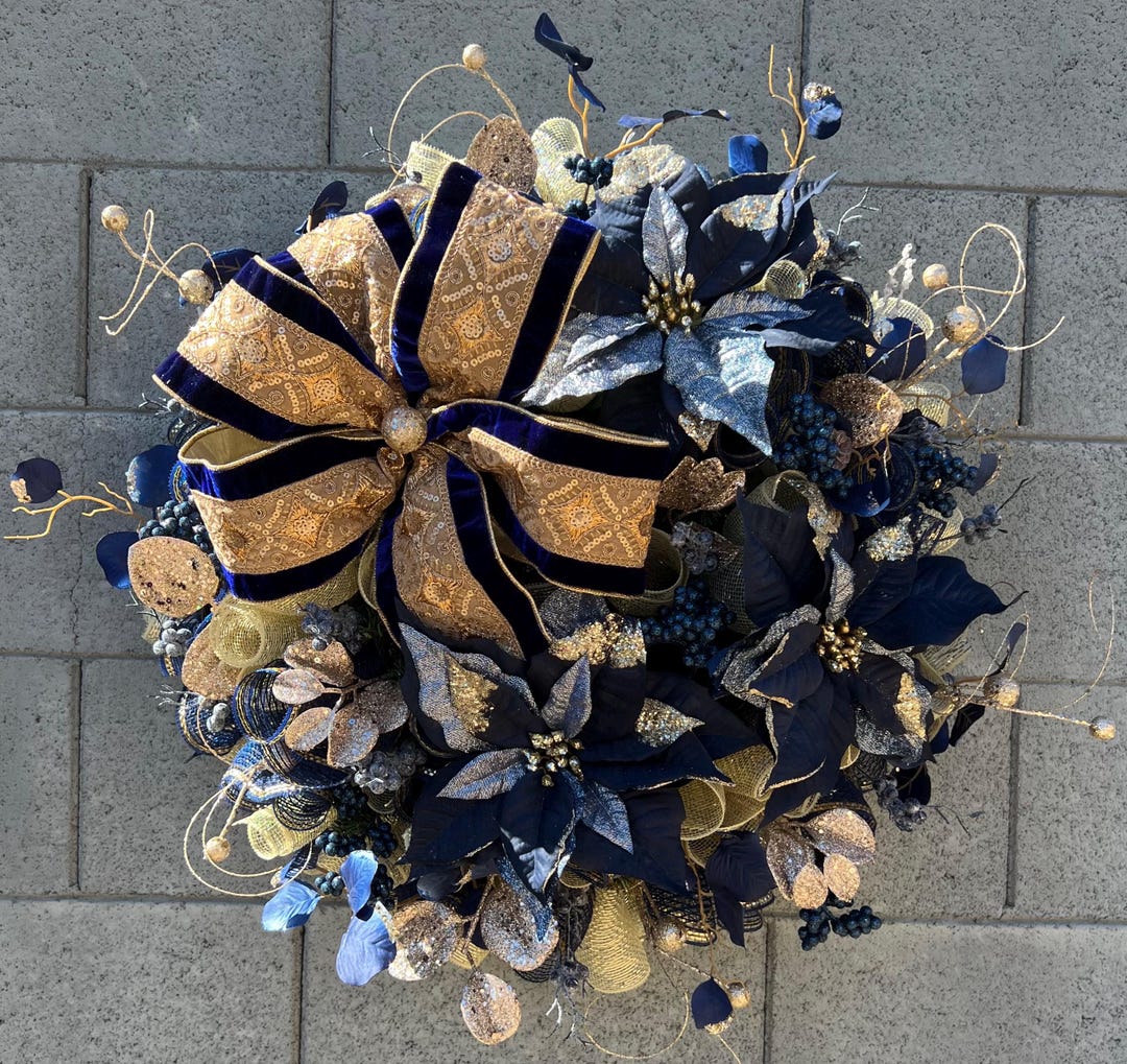 Christmas Wreath, Navy Blue With Gold Color Wreath, Front Door Wreath ...