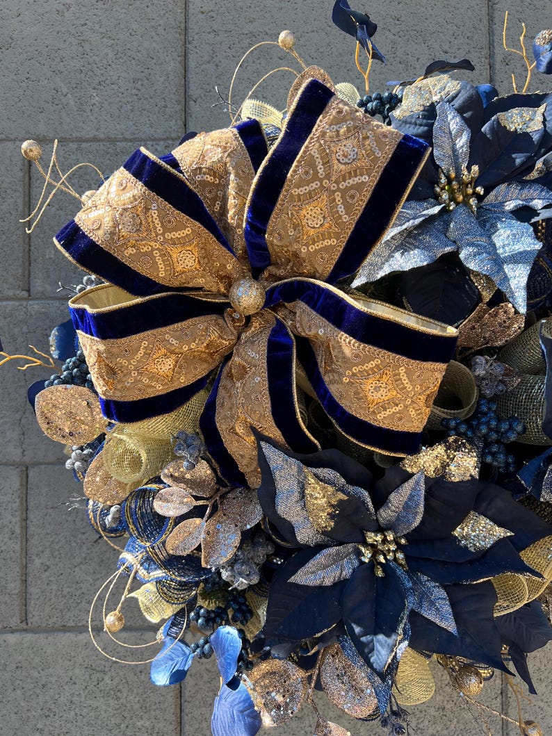 Christmas Wreath, Navy Blue With Gold Color Wreath, Front Door Wreath ...