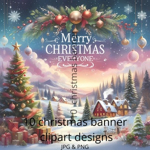 10 design di banner natalizi Clipart, bundle di Clipart ad acquerello, alta qualità, JPG e PNG, download facile