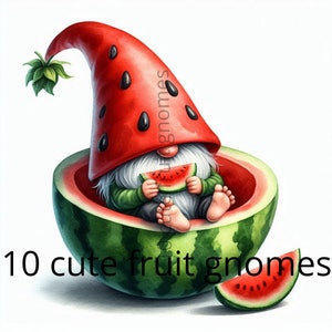 10 lindos gnomos frutales. paquete de imágenes prediseñadas de acuarela