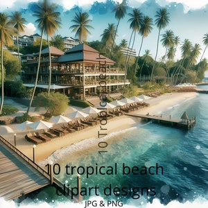 10 bellissimi disegni clipart di spiagge tropicali, acquerello, clipart di alta qualità, PNG e JPG, download facile