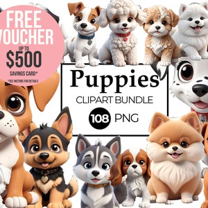 108 Adorable Puppies Clipart Bundle, 27 puppy breeds 4 PNG each. Great for Birthday Cards Invitations, Commercial Use