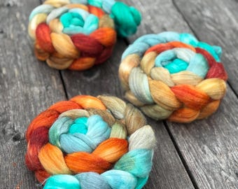 Hand Dyed Superwash Merino/Tussah Silk (75/25) blend Spinning Fiber • 4oz • CANYON