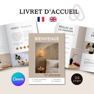 Airbnb, guesthouse & bed and breakfast welcome booklet in French and English - Canva template, customizable bilingual welcome guide