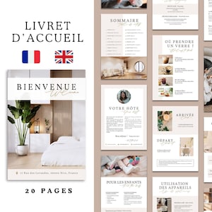 Peut inclure: Un livret d'accueil de 20 pages pour les clients séjournant dans une location de vacances. Le livret comprend des informations sur l'hôte, les procédures d'arrivée et de départ, les restaurants locaux et les équipements. La couverture présente une photo d'un salon moderne avec un canapé blanc et une grande plante en pot.