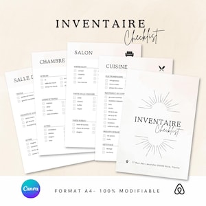 May include: A black and white checklist for an inventory of a home. The checklist includes sections for the living room, bedroom, kitchen, and salon. The checklist is in French and includes the text "INVENTAIRE Checklist".