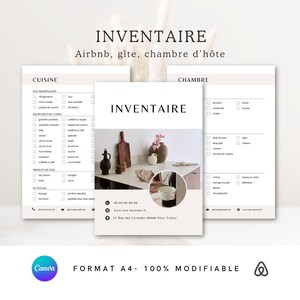 May include: A printable inventory checklist for Airbnb, gites, and bed and breakfasts. The checklist is divided into two sections: "Cuisine" and "Chambre". The "Cuisine" section includes a list of kitchen appliances, equipment, and supplies. The "Chambre" section includes a list of bedroom furniture and amenities. The checklist is designed to help hosts keep track of their inventory and ensure that their guests have a comfortable stay.
