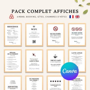 Peut inclure: Un ensemble de 10 affiches imprimables pour Airbnb, locations de vacances ou chambres d'hôtes. Les affiches sont en français et en anglais et comprennent des informations sur le WiFi, le règlement intérieur, les heures de silence, la lessive, etc.