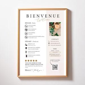 以下が含まれることがあります： ホテルまたはAirbnb用の印刷可能なウェルカムサイン。ルール、チェックアウト手順、連絡先情報、Wi-Fiの詳細、およびウェルカムブックのQRコードが記載されています。サインはフランス語と英語で書かれています。