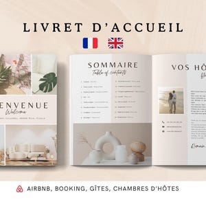 Peut inclure: Un livret d'accueil pour les clients séjournant dans une chambre d'hôtes ou une location de vacances. La couverture présente une plante tropicale et les mots "Bienvenue Welcome". Les pages intérieures comprennent une table des matières, des informations sur les hôtes et une liste des attractions locales.