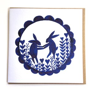 Carte Cœurs dansants/Eco-responsable/Intérieur vierge/15 cm/Sans plastique/Carte de voeux/Lièvre/Lapin/Carte d'anniversaire/Carte de fiançailles/Bleu et blanc/