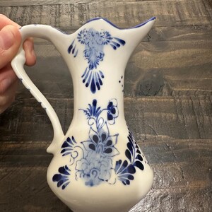 Hand Painted Blue Delft Deco Milk Jug, Creamer, Vase c1960s