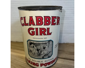 Vintage Full Clabber Girl Baking Powder Metal Tin Can & Lid Paper Label 1lb 9oz