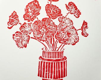 Red Poppies Linocut Print | Hand carved  Floral Block Print |  Cottagecore Wall Art | Botanical Relief Print | Cozy Vintage-Inspired Decor