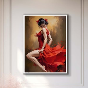 May include: A painting of a woman in a red dress with her hair pulled back in a bun. She is standing on one leg and holding the other leg up in the air. The dress is flowing behind her and there are red flowers in her hair.