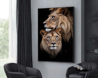 Majestic Family Lion Canvas Wall Art, Wildlife Portrait for Modern Home Decor, Animal Wall Art, Ready to Hang Poster