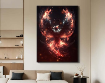 Majestic Fiery Phoenix, Mythical Bird Art, Rising from Ashes Canvas, Bird Canvas Painting, Phoenix Poster, Ready to Hang